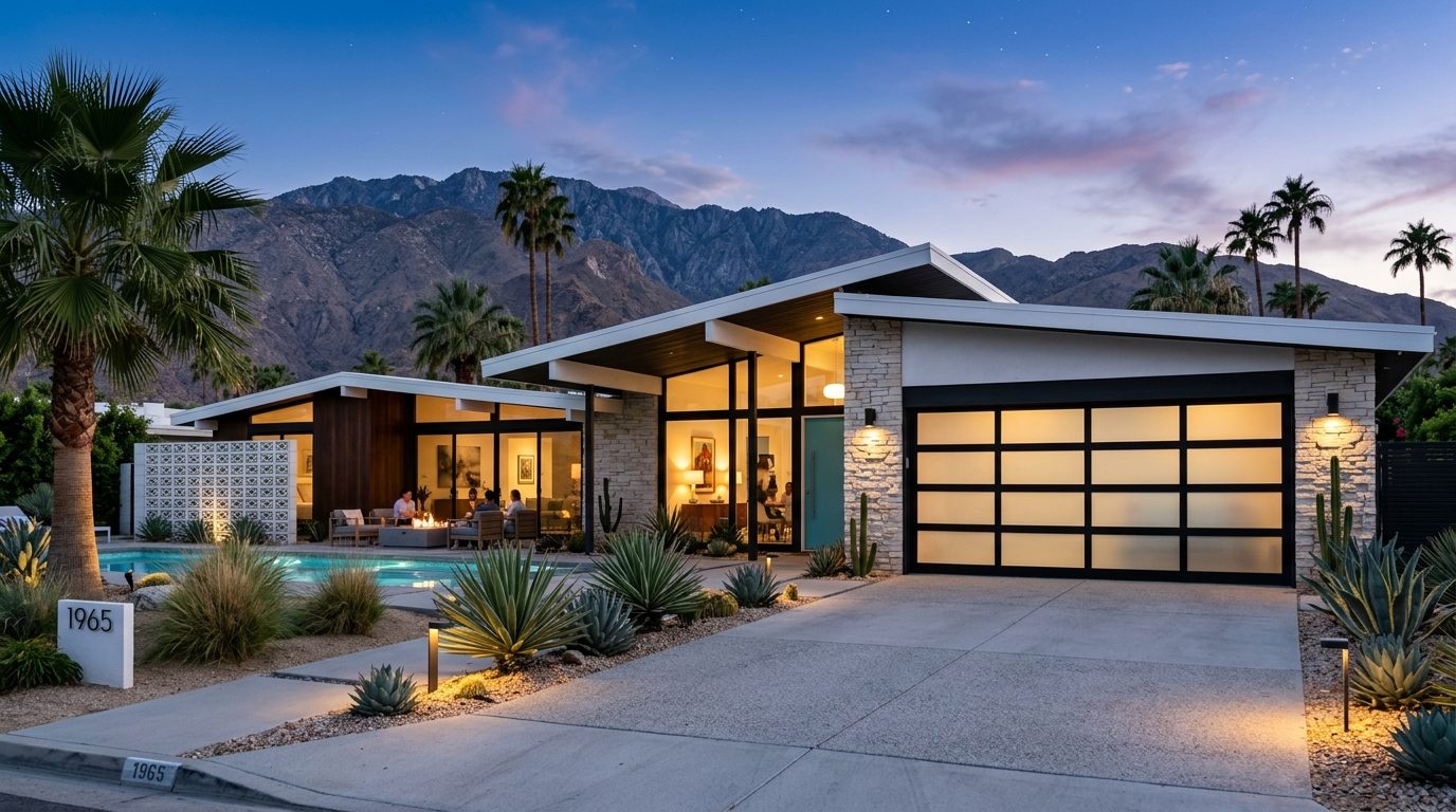 Hassan Khalil Garage Door Masters Exterior Closed Garage Door at Twilight